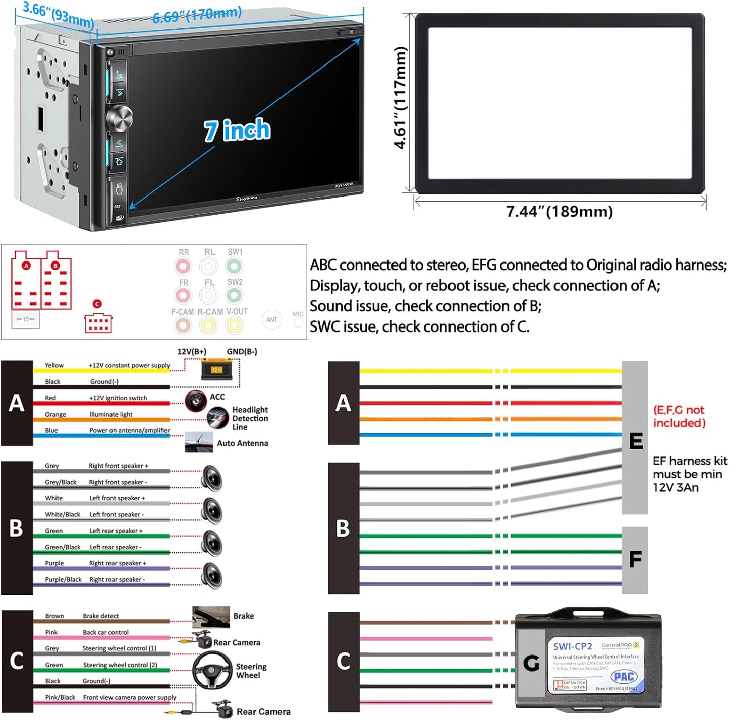QLED Double Din Car Stereo with Dash Cam & Backup Camera, Wireless Apple CarPlay & Android Auto, Bluetooth, 4.2-Ch 2 Subwoofers Outputs, 7" QLED Touchscreen, MirrorLink, FM/AM Radio