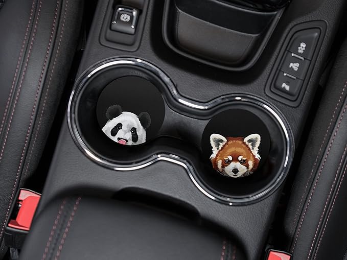 WIRESTER, Baby Panda Bear, Red Panda Design Absorbent ROUND Fabric Felt Neoprene Car Coasters for Drinks (2.87 inches), 2pcs Set