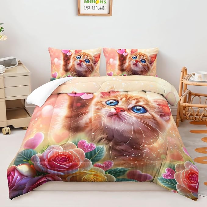 AILONEN Cat Comforter Set Twin Size,Watercolor Cat Bedding for Girls, Cute Cartoon Kitten Bedding Pink Flower Cat Twin Comforter Sets for Kids,1 Comforter+ 2 Pillowcase-3 Pieces