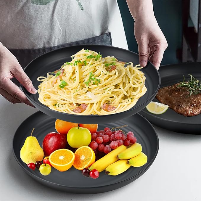 Wheat Straw Dinner Plates - Set of 8, Unbreakable & Microwave/Dishwasher Safe, Black