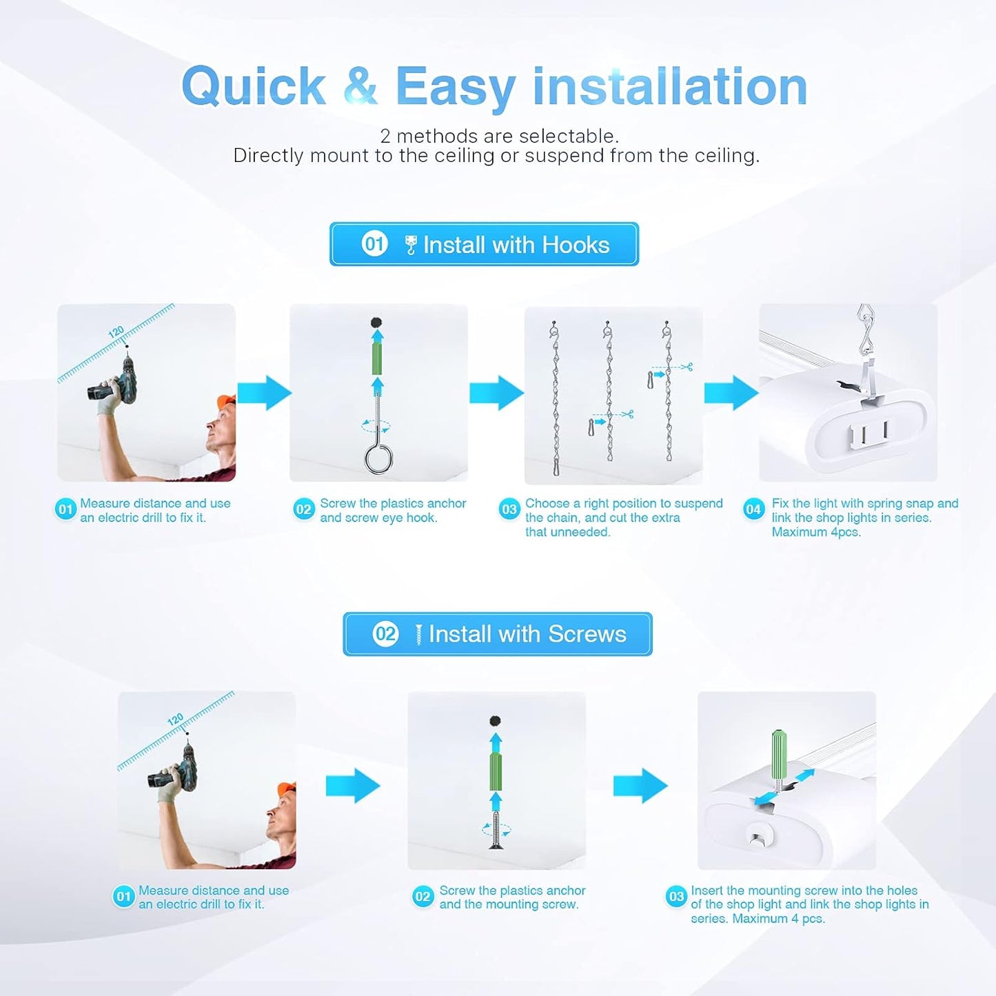 Ensenior 6 Pack Linkable Led Shop Light 4ft for Garage, 4400 High Lumens, 36W Equivalent 280W, 5000K Daylight, 48 Inch Utility Shop led Lights, Surface or Hanging Mount Fixtures, White, ETL Certified