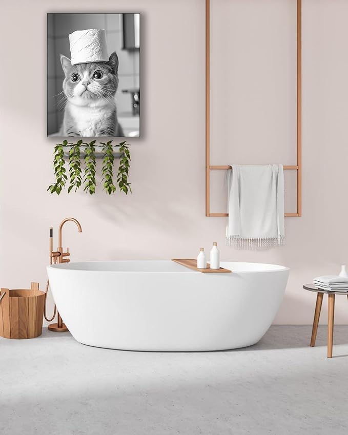 UPWOIGH Bathroom Wall Art Decor, Black and White Cat Toilet Paper Wall Art, Wood Framed Canvas Wall Art Animals Abstract Prints, 12"x16" High-end Pictures for Dormitory Kids Room,1 Pack