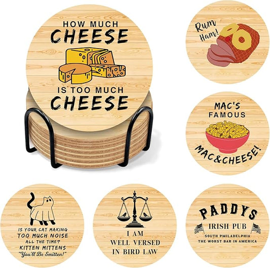 Sunny in Philadelphia TV Show Themed Merchandise for Fans, Funny Drink Coasters with Coaster Holder Set of 6, Cute Coasters for Drinks, Bar Cork Coasters for Coffee Desk Table