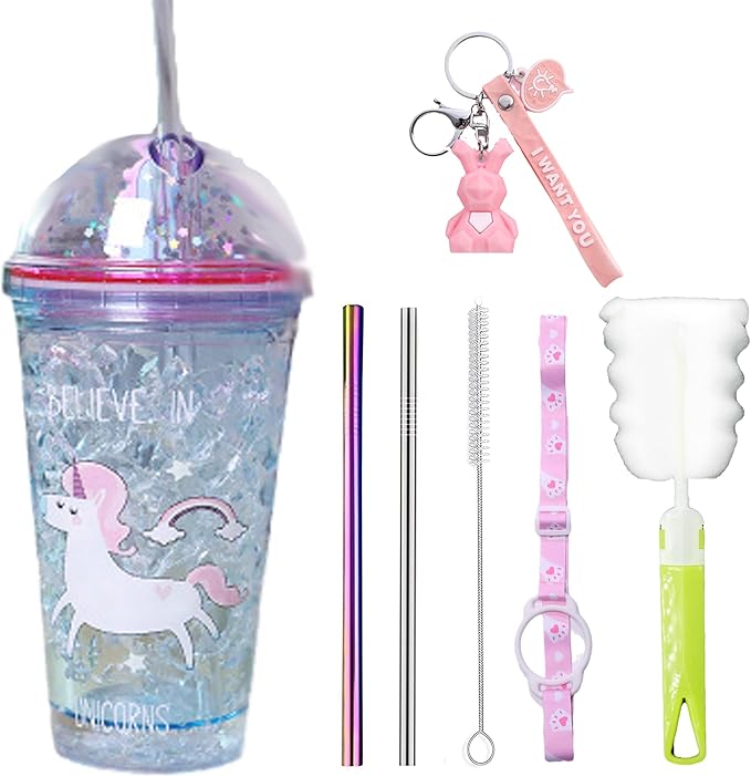 UUnicorn Cup with Straw Kids Travel Tumbler Watter Bottle Plastic Cup for Party Gift Ice Coffee Mug (blue unicorn2, 6.5 * 20cm)
