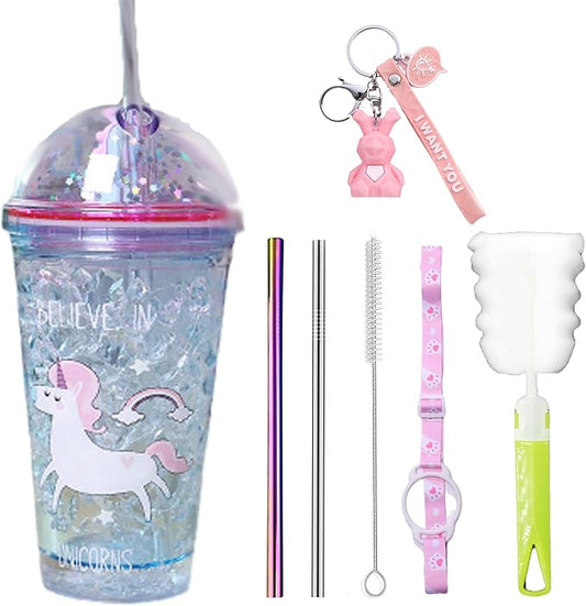 UUnicorn Cup with Straw Kids Travel Tumbler Watter Bottle Plastic Cup for Party Gift Ice Coffee Mug (blue unicorn2, 6.5 * 20cm)