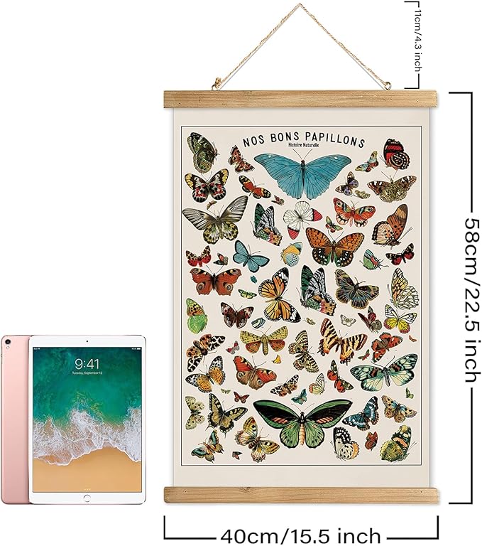 XIAOAIKA Vintage Butterfly Poster with Wooden Frame, Cottagecore Room Decor Aesthetic, Retro Style Wall Decor Art Painting for Nature Lovers, Classrooms, and Home Decor 16 x 23 Inches