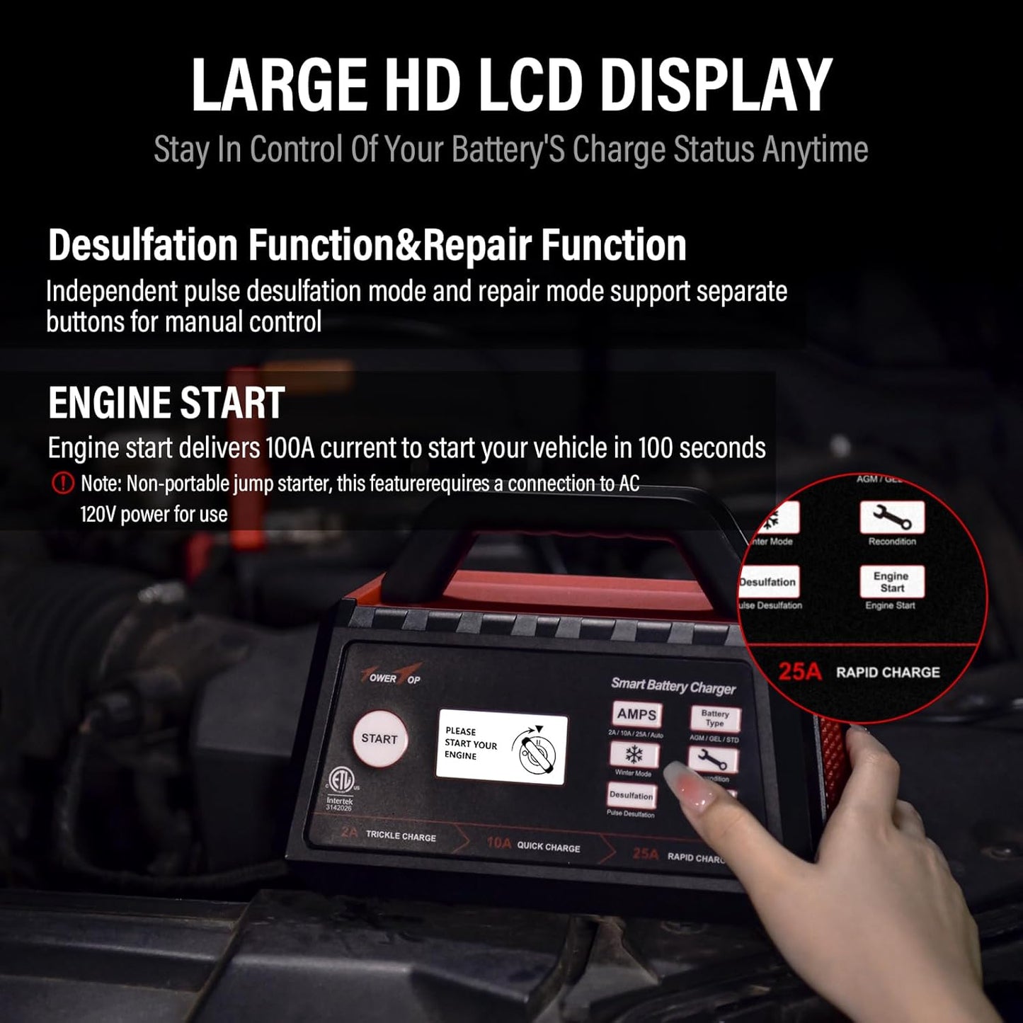 TowerTop 2/10/25 Amp 12V Smart Car Battery Charger, Fully Automatic Battery Maintainer with Engine Start, Auto Desulfator, Battery Repair, Winter Mode, for AGM, STD, Gel, Deep Cycle Batteries