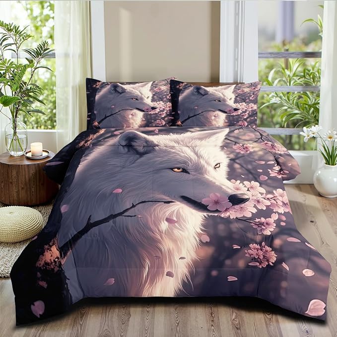 White Wolf Bedding Full Size Grey Pink Cherry Blossom Comforter Set Wildlife Wolves Safari Animal Bedding for Kids Girls Boys Teens, Soft Lightweight Comforter Sets 3Pcs