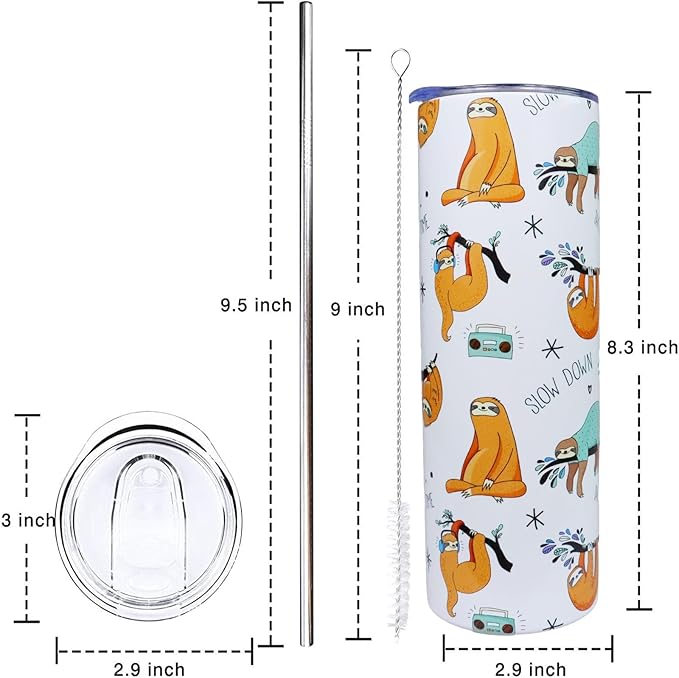 Sloth Tumbler - 20oz Insulated Stainless Steel Sloth Skinny Tumbler With Lid and Straw - Perfect for Women, Travel, or Gifts