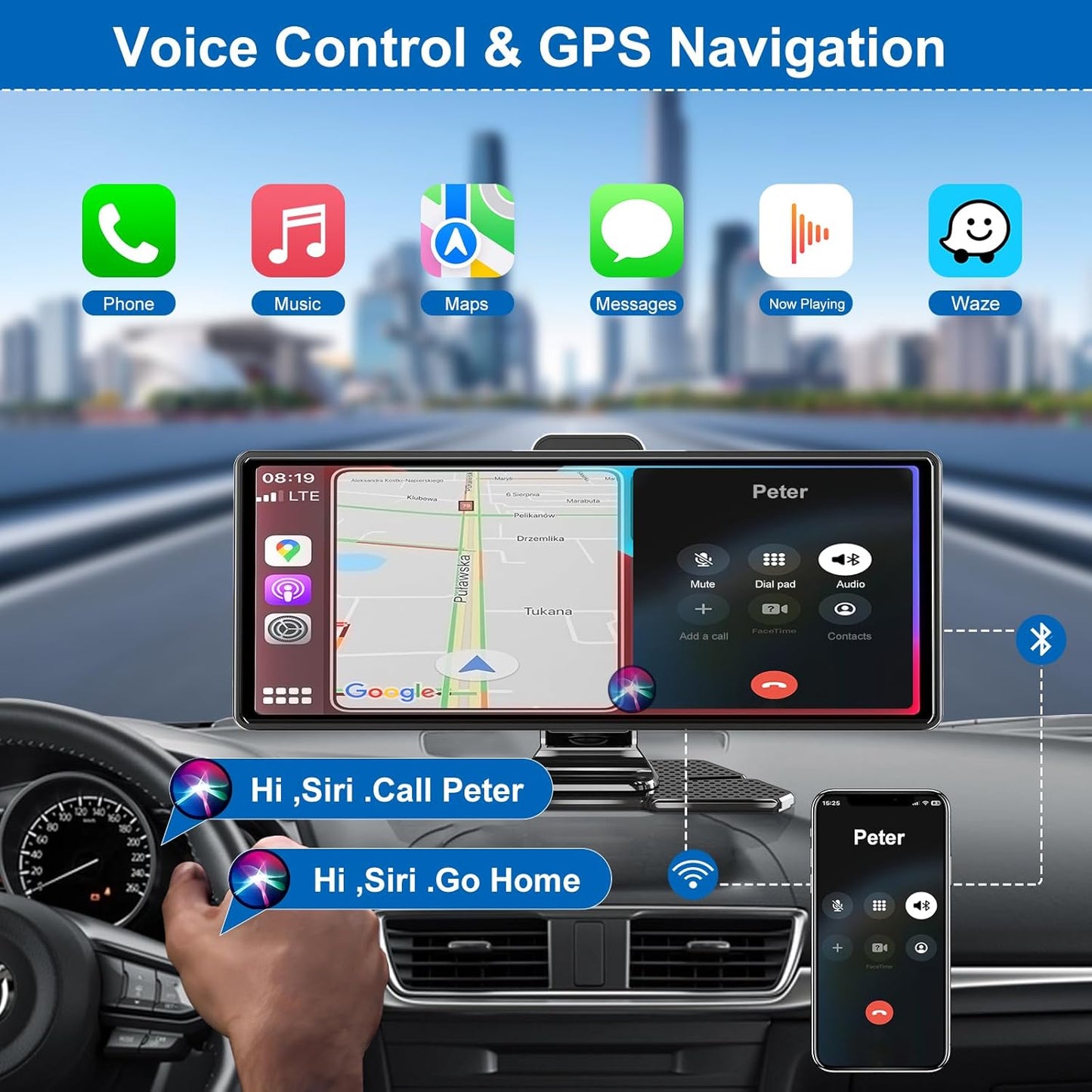 Carplay Screen for Car,10.26" HD IPS Wireless Portable car Stereo for Apple Carplay&Android Auto,Car Audio Receivers with 4K Dash Cam/1080P Rear Camera,GPS Navigation,Mirror Link,FM,Voice Control