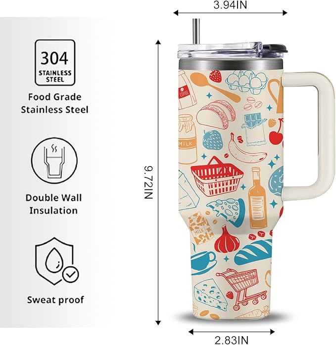 Western Food Tumbler 40oz, Funny Doodle Western Food Art Style Gifts for Women Girls, Abstract Retro Bread Design Gift for Her on Christmas Birthday Mothers Day, Foodie Gifts