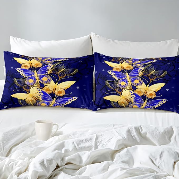Butterfly Bedding Queen Size Comforter Set Blue Gold Butterfly Bedding Sets for Adult Teens Soft Lightweight Bed Quilt Sets for Bedroom, 3 Piece 1 Comforter + 2 Pillowcases
