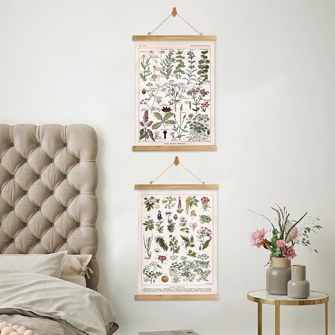 Vintage Spring Flower Poster Print, Botanical Educational Illustration, Rustic Wooden Hanger Frame, Linen Canvas Wall Art Decor, Farmhouse Cottagecore Style for Living Room Bedroom Office (16" x 23")
