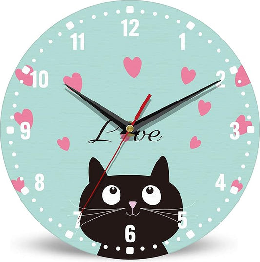 SPUNKER Clocks for Living Room,Cute Black Cat 10 Inch Wall Clock,Red Love Heart Small Battery Operated Wall Clocks Decorative for Kitchen/Living Room/Bedroom/Bathroom/Dining Room