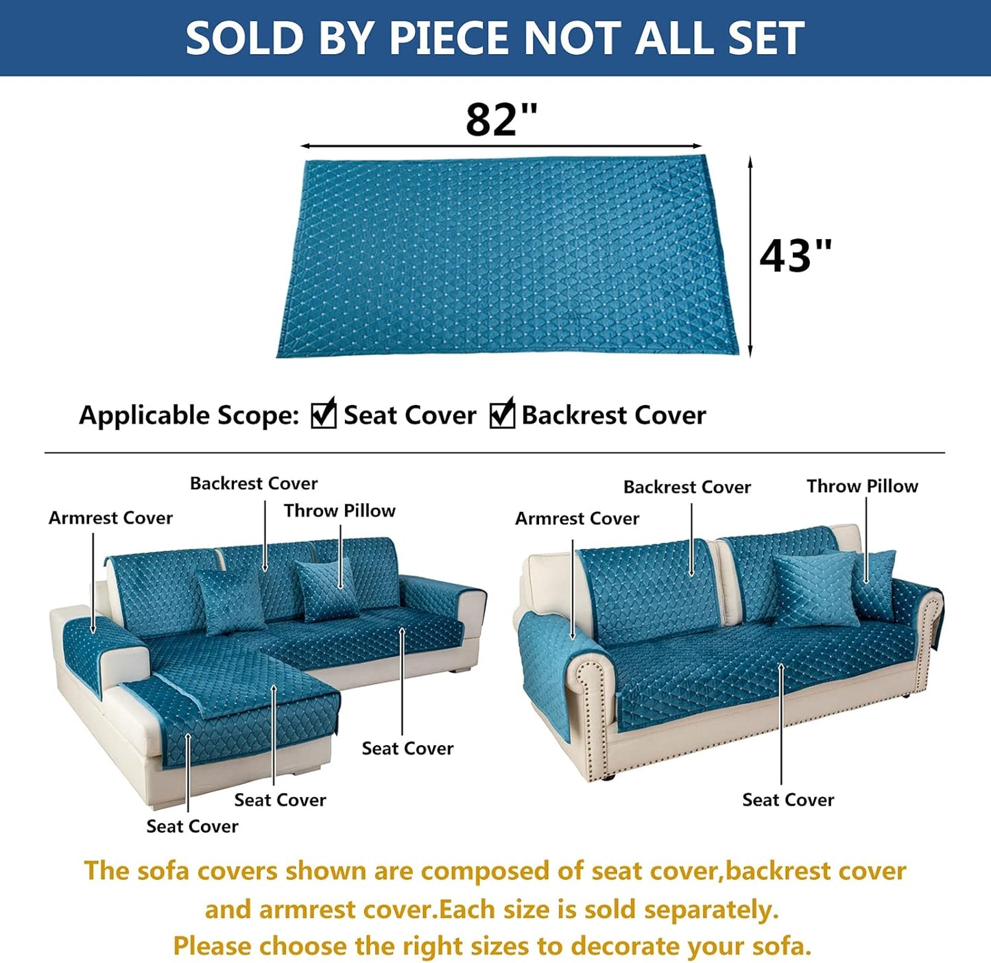 Eismodra Couch Cover,Sectional Couch Covers,Sofa Covers for 3 Cushion Couch,Anti-Slip Sofa Slipcovers for Dogs Cats Kids Loveseat Recliner L Shaped Armrest Backrest,Blue 43''x82''(Only 1 Piece)