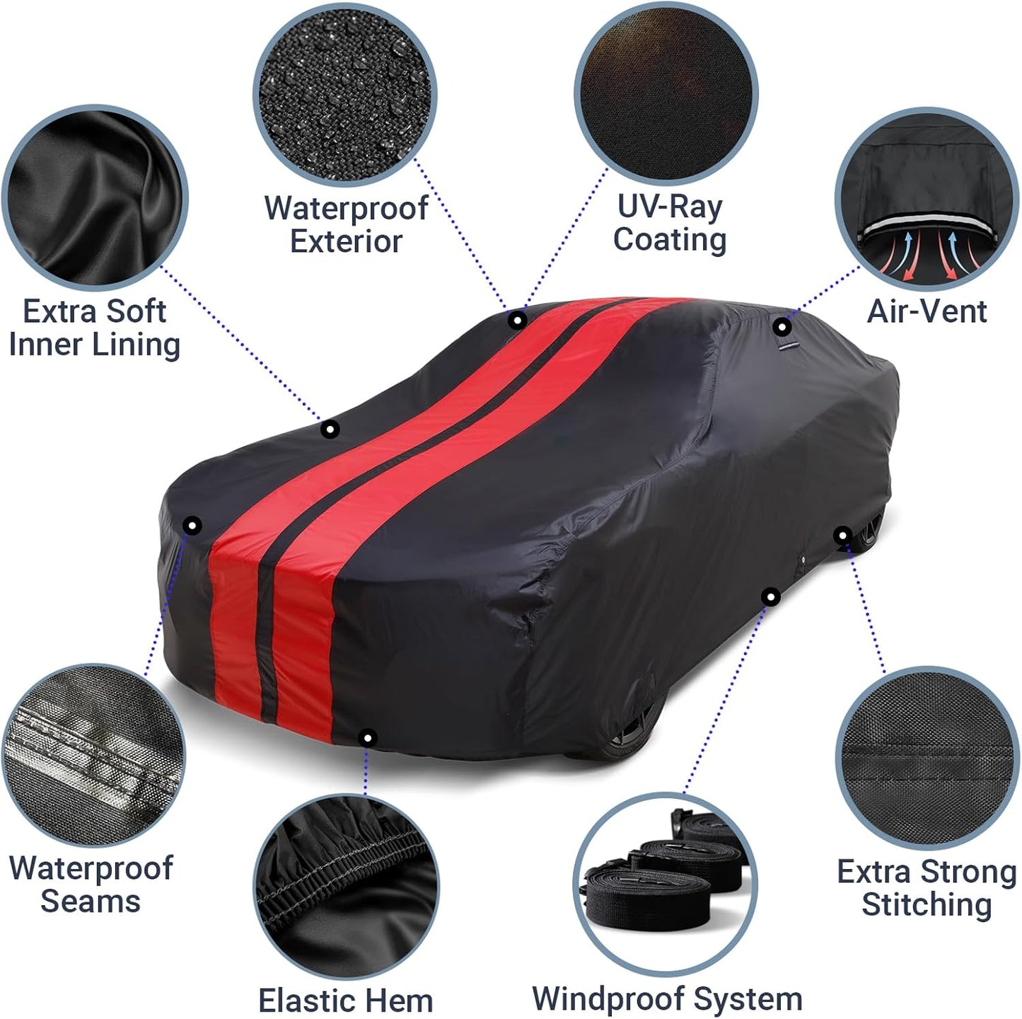 iCarCover Custom Car Cover for Chevy Brookwood (1958-1972) Waterproof All Weather Rain Snow UV Sun Protector Full Exterior Indoor Outdoor Car Cover (Stripe - Black/Red)