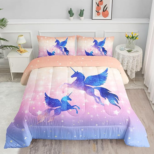 Bedding Comforter Set Starry Sky Unicorn Printed Pattern Quilt with 1 and 2 Pillowcases for Girls Bedroom All Season(Purple Twin) Twin 68x86inches