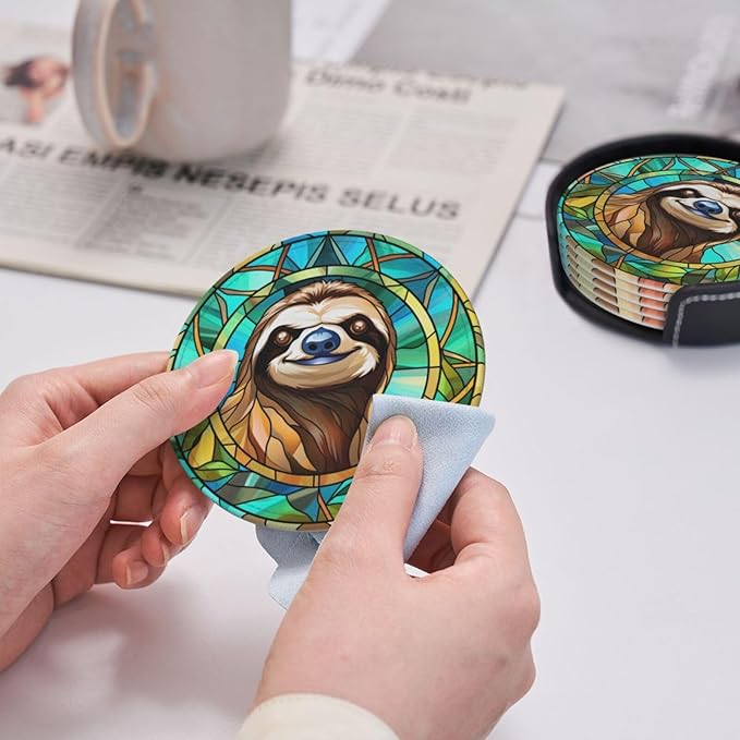 Sloth Drink Coaster Set of 6, Sloth Decor Gifts, Leather Drink Coasters with Holder, 6 Pack Cup/Bar/Drink Coasters for Table/Drinks/Coffee Protection Housewarming Gift (Sloth)