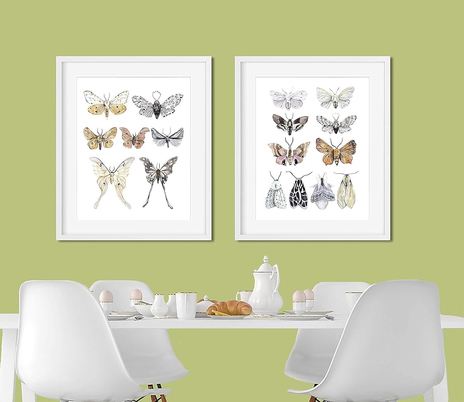 Watercolor Moths Art Prints - Vintage Nature Wall Art - Kitchen Wall Decor - Rustic Farmhouse Artwork - Butterfly Posters - Mariposas Decorativas - SET of 2-8x10 - UNFRAMED