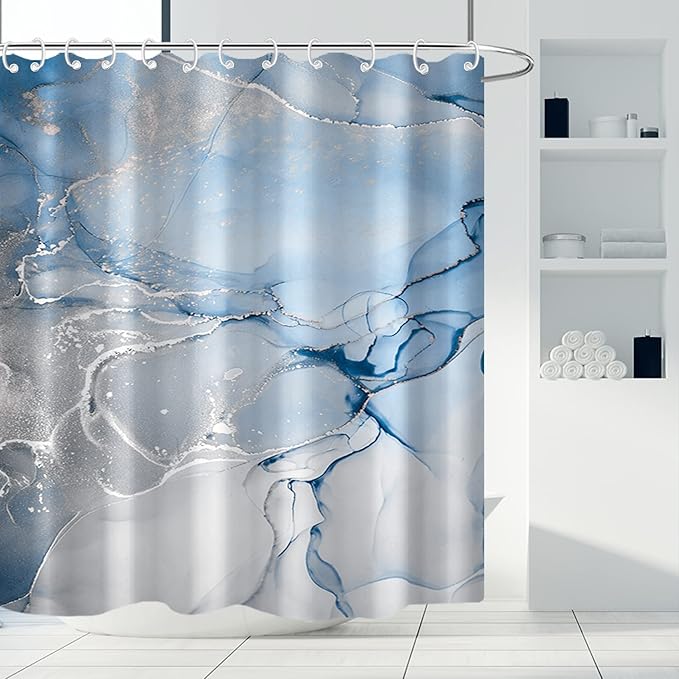 AWERT Blue Marble Shower Curtain for Bathroom Modern Blue White Marble Ink Shower Curtain with Hooks Washable Bathroom Accessories Bathtub Decor 72x84inch