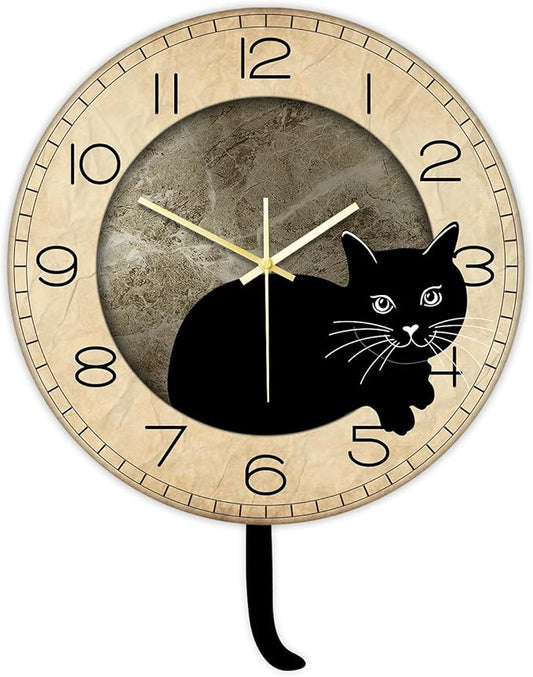 Black Cat Clock with Moving Tail Vintage, Funny Cat Wall Clock with Swinging Tail Silent Non Ticking Battery Operated Creative DIY Pendulum Wall Clock Black Kitty Decor Gift for Cat Lovers