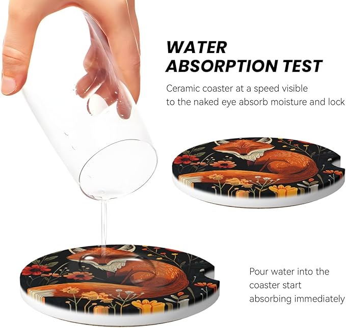 Absorbent Ceramic Car Coasters for Cup Holders, Fox Flower Design 2.56" Anti Slip Universal Drink Cup Coasters for Women Men (2 Pack)