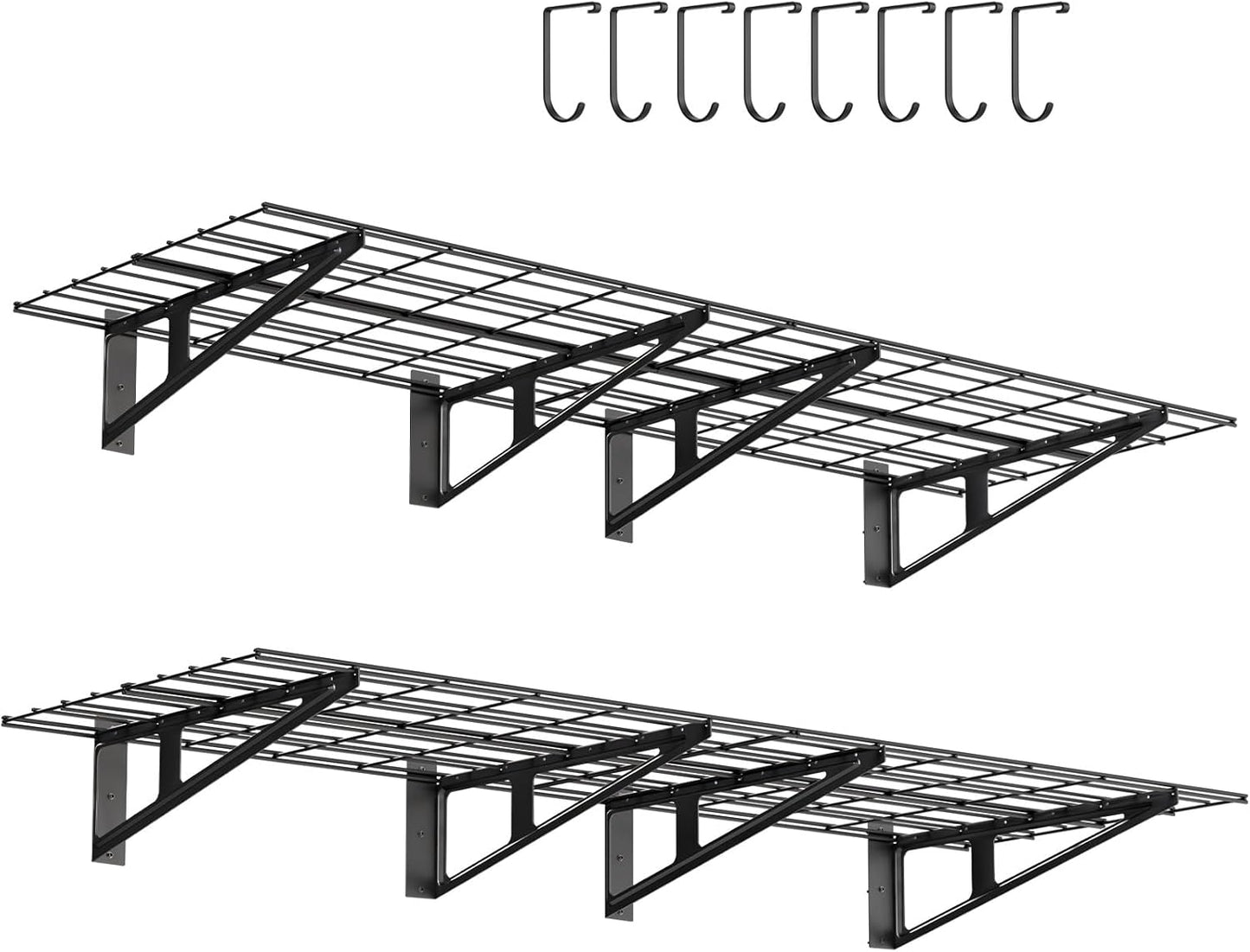 2-Pack Garage Wall Shelving, 2x6 FT Garage Shelving Wall Mounted, Heavy Duty Metal Shelves with 8 Bike Hooks, 1200lbs Load Capacity Floating Shelves, 24-inch-by-72-inch Wire Shelving Wall Mounted