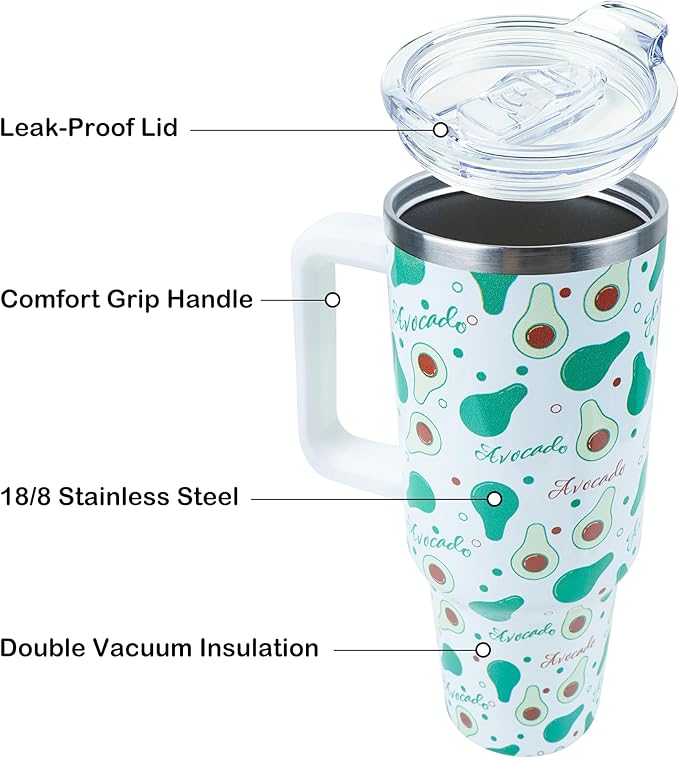 40 oz Tumbler with Handle and Straw, Stainless Steel Insulated Cup with Leak Proof Lid and Straw Lid, Keep Drinks Cold and Hot for Hours(Avocado)