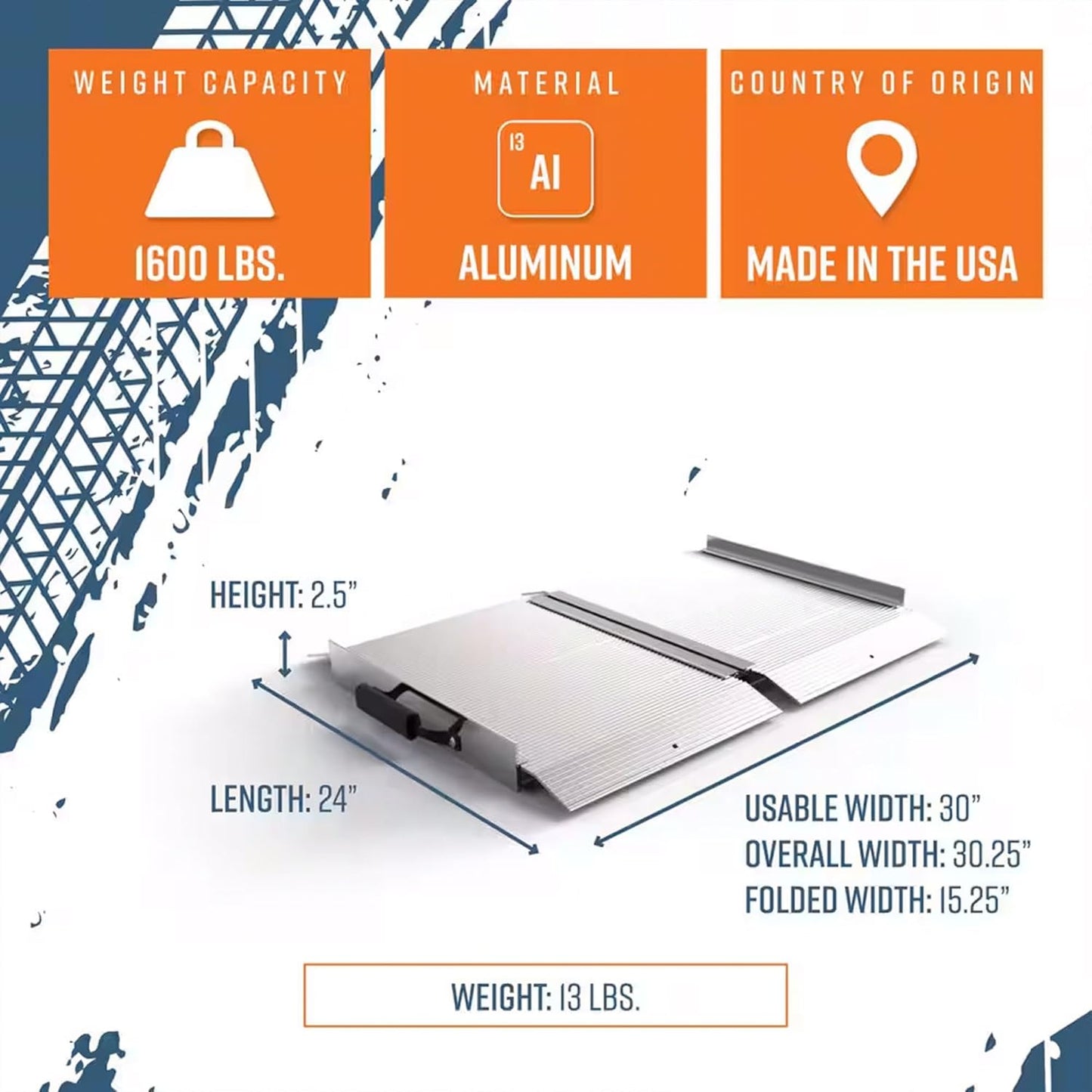 EZ-ACCESS TRAVERSE 2 Foot Durable Aluminum All Weather Singlefold Portable Folding Loading Ramp with Carrying Handles, Silver