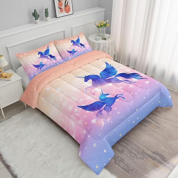Bedding Comforter Set Starry Sky Unicorn Printed Pattern Quilt with 1 and 2 Pillowcases for Girls Bedroom All Season(Purple Twin) Twin 68x86inches