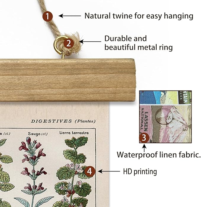 Vintage Spring Flower Poster Print, Botanical Educational Illustration, Rustic Wooden Hanger Frame, Linen Canvas Wall Art Decor, Farmhouse Cottagecore Style for Living Room Bedroom Office (16" x 23")