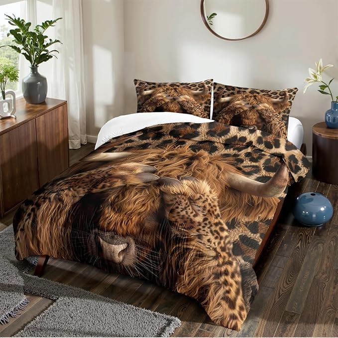 Western Highland Cow Bedding Twin Size Wild Animal Comforter Set Brown Leopard Print Comforter Sets with 1 Pillowcase