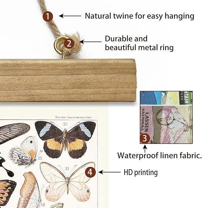 XIAOAIKA Vintage Butterfly Hanging Poster with Wooden Frame, Retro Style Wall Decor Art Painting, Patterns Printed on Linen Without Fading, Ready to Hang (20 x 30)
