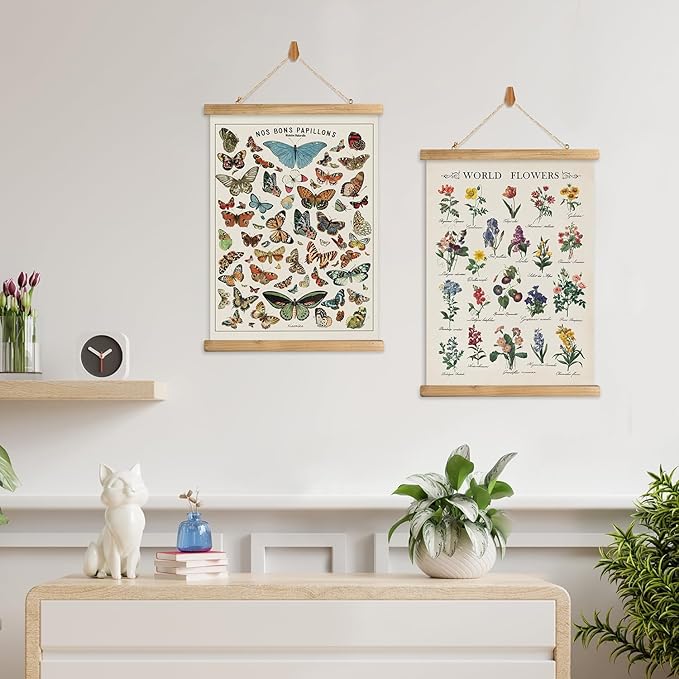 XIAOAIKA Vintage Butterfly and World Flowers Poster Set - Educational Insect and Botanical Wall Art with Wooden Hanging Frames, Decorative Prints for Home and Classroom 16 x 23 Inches