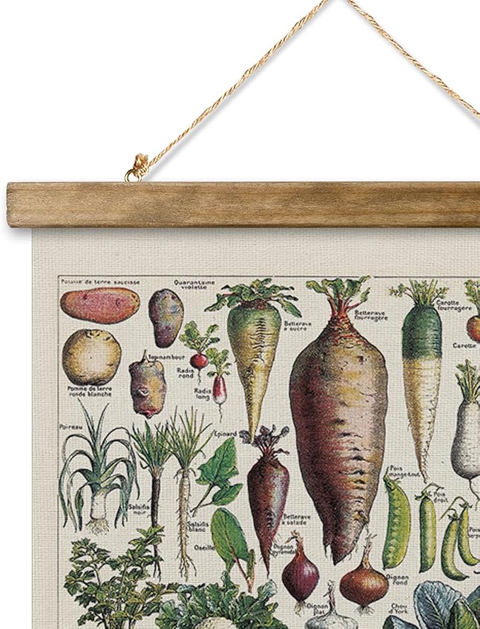 XIAOAIKA Vintage Vegetable Varieties Poster - Illustrated Garden Produce Chart with Wooden Frame - Educational Kitchen Wall Decor Art for Home Chefs and Gardeners 12 x 16 inches