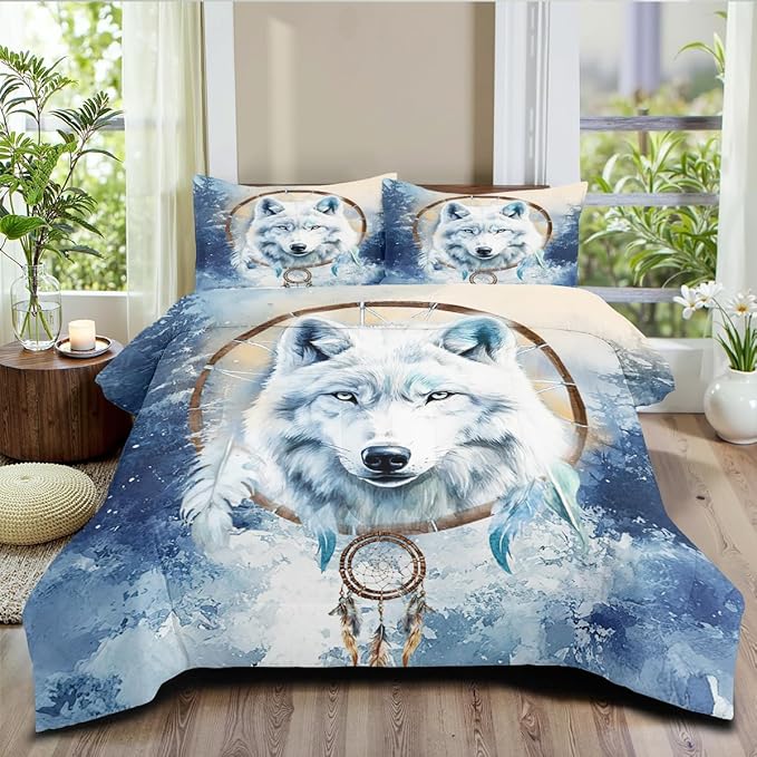 White Wolf Comforter Set Twin Dreamcatcher Wolves Safari Animal Bedding Set with 1 Pillowcase