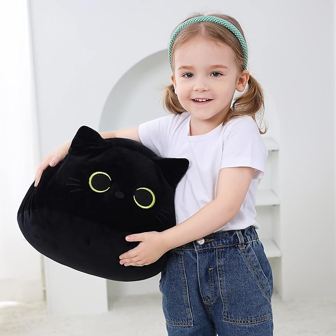 Black Cat Plush Toy 16'' Black Cat Pillow, Soft Plush Doll Black Cat Stuffed Animal, 3D Black Cat Plushies Pillow Baby Cute Plush Toys Shape Cat Design Sofa Fat Pillow Gifts for Boys Girls