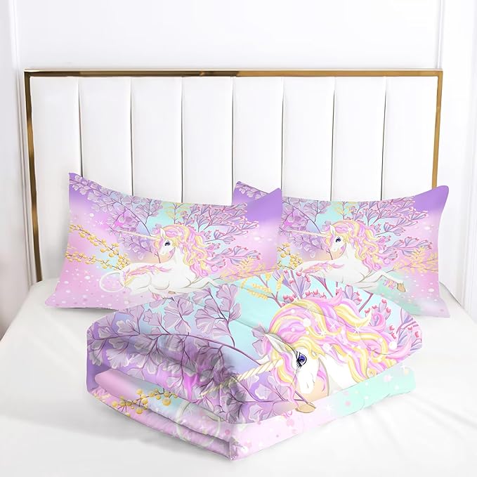 Unicorn Comforter Set Twin: Pink Purple Rainbow Unicorn Twin Bedding Sets for Girls Stars Cute Quilt Bed Set for Kids Teens Toddler Room Decor 1 Comforter & 1 Pillowcase