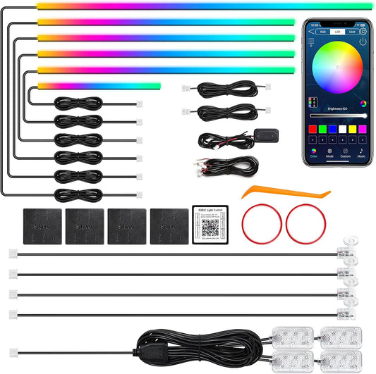 Dreamcolor Acrylic Interior Car LED Strip Light with Wireless APP, RGB 14 in 1 with 175 inches 612 LEDs Fiber Optic Strip Lights for Car, Dual Zone Music Sync Neon Car Ambient Lighting Kits