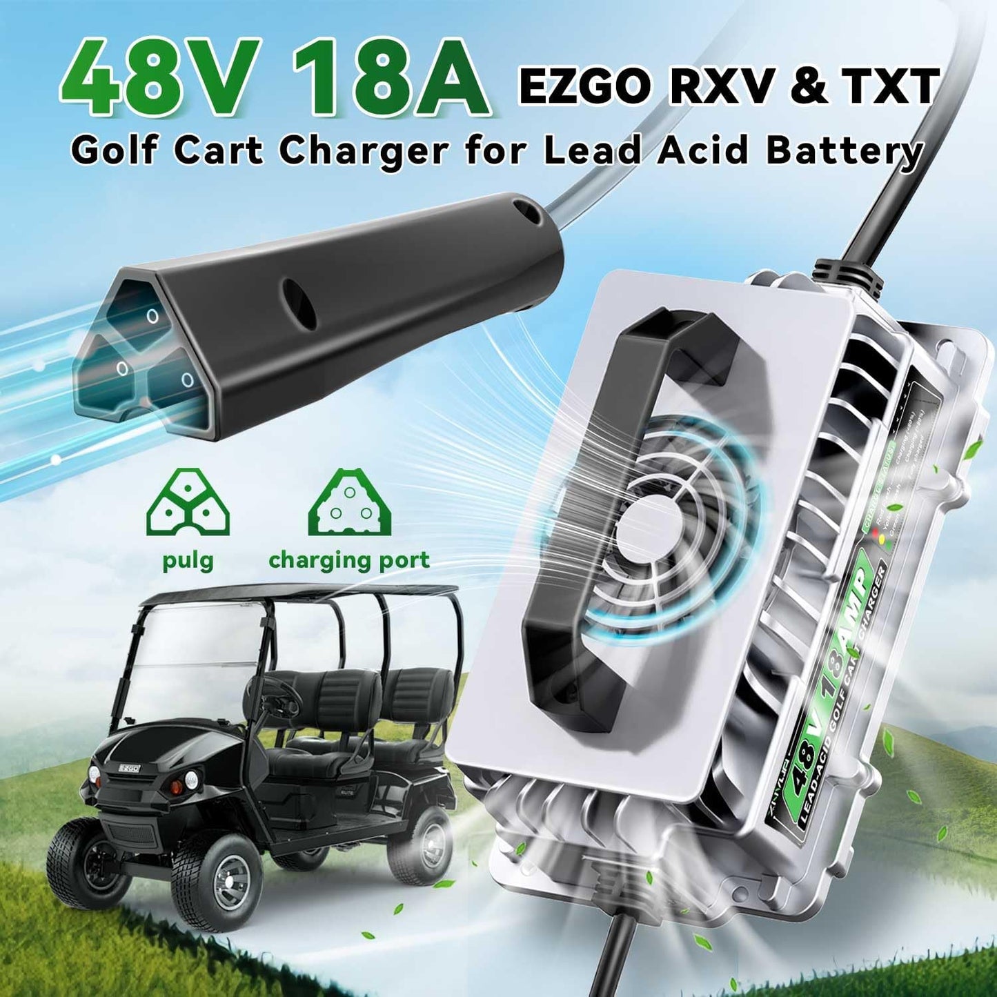 48 Volt 18 AMP Golf Cart Charger for 48 Volt EZGO RXV & TXT with 3 Pin Triangular Plug for 48V Lead Acid Battery