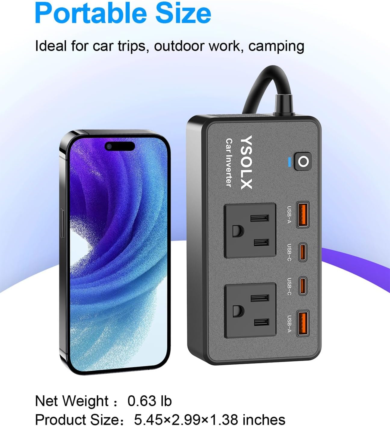 300W Car Power Inverter - YSOLX Dual DC 12V to 110V AC Car Outlet Adapter to Wall Plug, 24W Fast Charging USB-C&USB-A, Portable Charger Converter with for Laptops, Phones