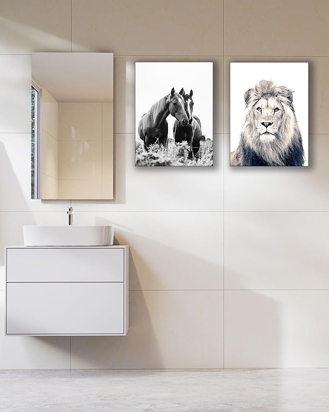 UPWOIGH Bathroom Wall Art Decor, Black and White Horse Wall Art, Waterproof Wood Framed Canvas Wall Art Animals Abstract Prints, 12"x16" High-end Pictures for Dormitory Kids Room 1 Pack