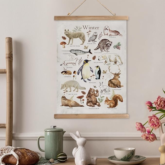 XIAOAIKA Winter Wildlife Educational Poster - Illustrated Arctic Animals Chart with Wooden Frame - Seasonal Nature Wall Art for Classroom, Home, or Nature Center 12 x 16 Inches