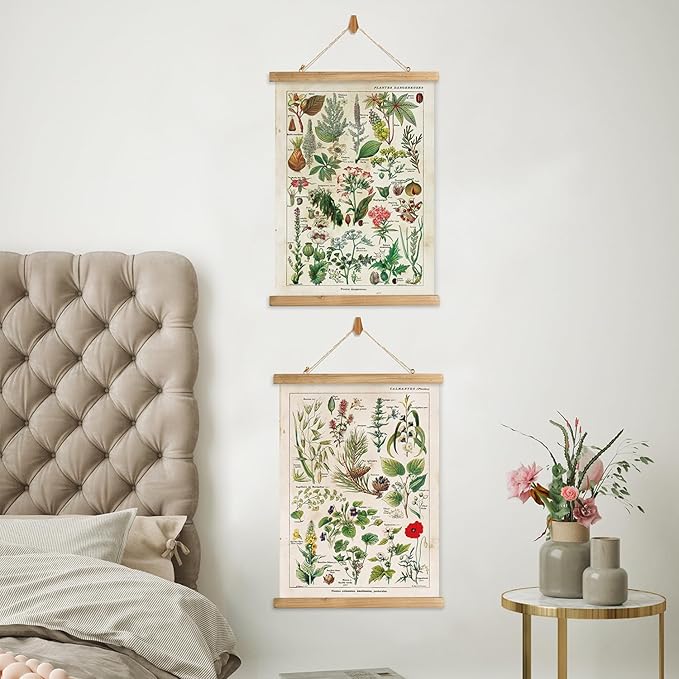 XIAOAIKA 2 Pack Vintage Plant Posters: Medicinal and Poisonous Plants - Retro Style Wall Art with Wooden Frames for Home Classroom, or Apothecary Decor 16 x 23 inches
