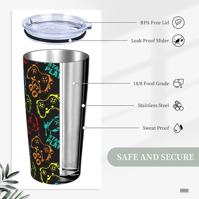Yobvec Gaming Tumbler Cup with Lid and Straw, 20 Oz Stainless Steel Insulated Gamer Mug Gaming Accessories