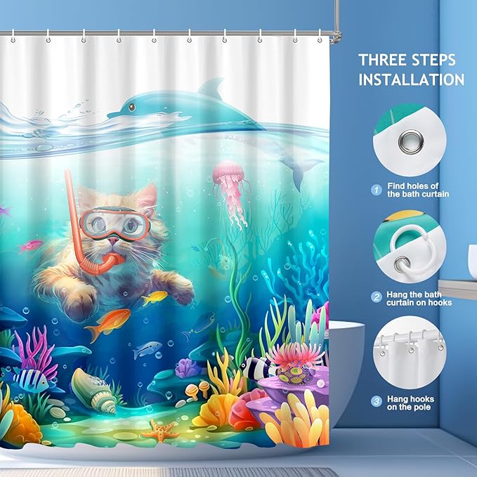 Vimorco Diving Cat Shower Curtain, Funny Cat Shower Curtains for Bathroom, Waterproof Quick-Dry Polyester Fabric Shower Curtain, Dolphin Jellyfish Ocean Bathroom Set, Bath Curtain Decor,72''x 72''