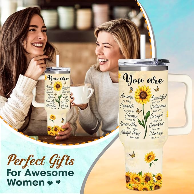 Sunflower Gifts for Women - Christian, Religious Gifts for Women - Encouragement Gift for Woman on Birthday, Mothers Day, Christmas - Sunflower Tumbler 40 oz with Handle & Straw
