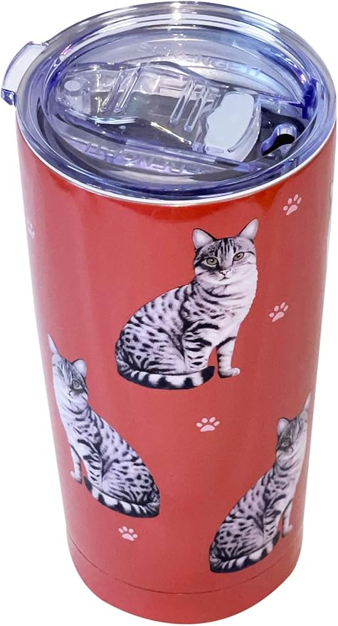 Tabby Cat SERENGETI 16 Oz. Stainless Steel, Vacuum Insulated Tumbler with Spill Proof Lid - 3D Print - Insulated Travel mug for Hot or Cold Drinks (Tabby Silver Cat Tumbler)