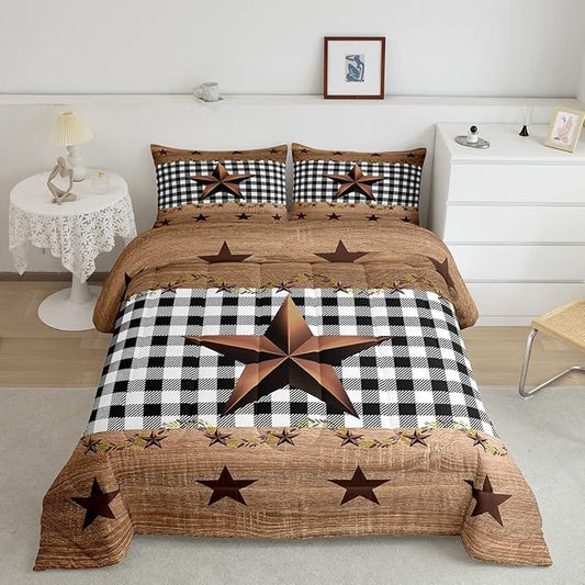 Western Texas Star Comforter Set Twin, Farmhouse Black Plaid Bedding, Brown Vintage Country Star Bedding Comforter Sets, Retro Rustic Checked Grid Bedroom Decor Wooden Grain Quilt For Kids Boys Girls