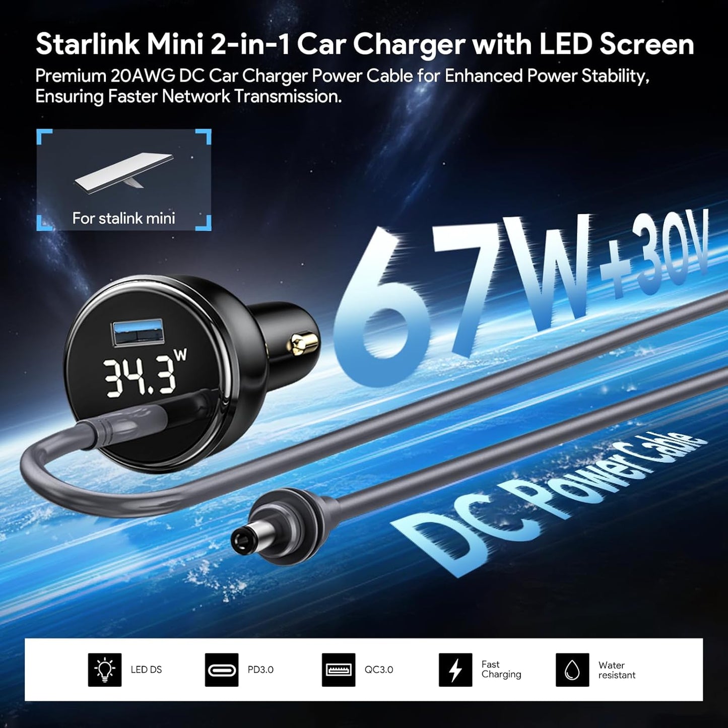 EDUP Starlink Mini Car Adapter DC Power Cable & Starlink Cigarette Lighter Adapter with Digital Display, Waterproof Car Charging Cable,USB A 35W & USB C 65W Ports for Star Link Mini (3M/ 9.8FT)
